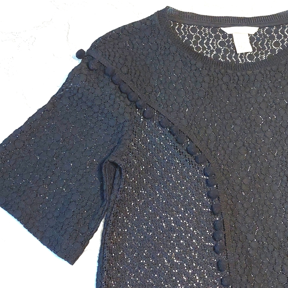 Black Knit Lace Top with Pompom Trim, Size 2